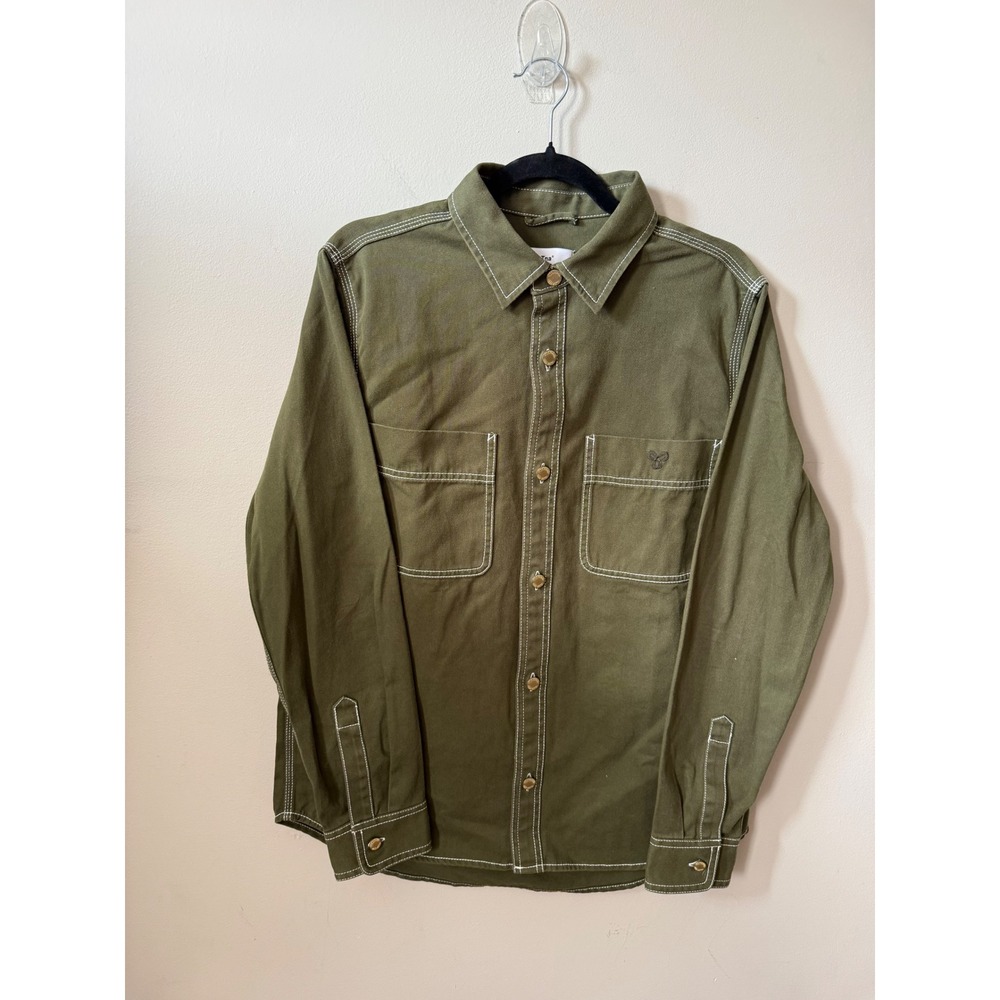 Tna Aritzia Mens Olive Green Utility Shirt Contrast Stitch Canvas casual grunge